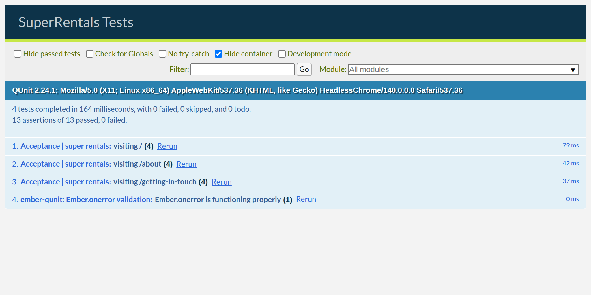 The Super Rentals test suite by the end of the chapter
